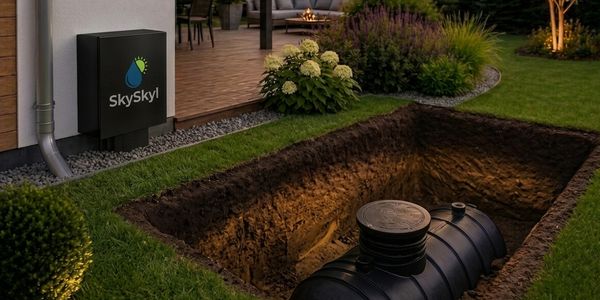 A black underground water tank being installed in a backyard near a house.