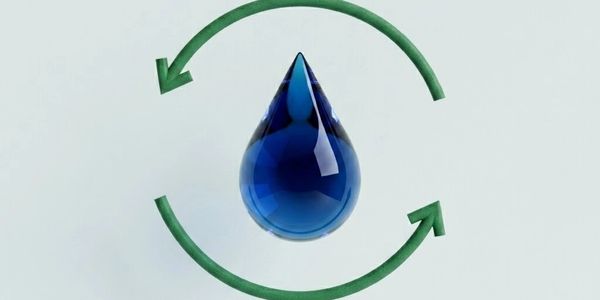 Blue water droplet with green recycling arrows around it.