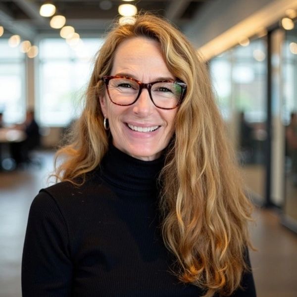 Smiling woman with glasses in an office.