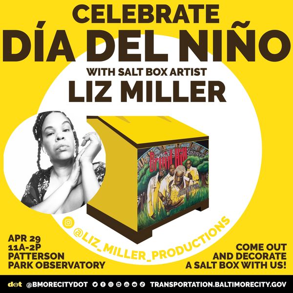 Yellow graphic w headshot of artist and design mounted onto yellow salt box w event details in text