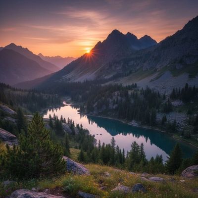 Sunset over a serene mountain lake surrounded by pine trees.