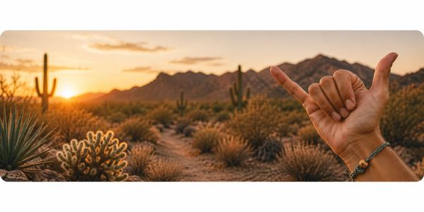 Hand making a shaka sign in a desert at sunset.