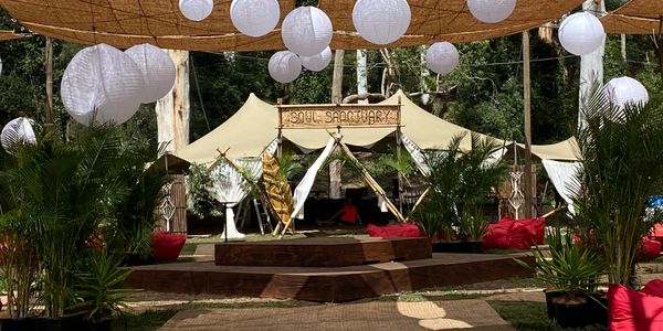 10m x 15m Sanoia stretch tent hire to suit 100 people. Elegant styling, bamboo, drapes. Extravagant setups