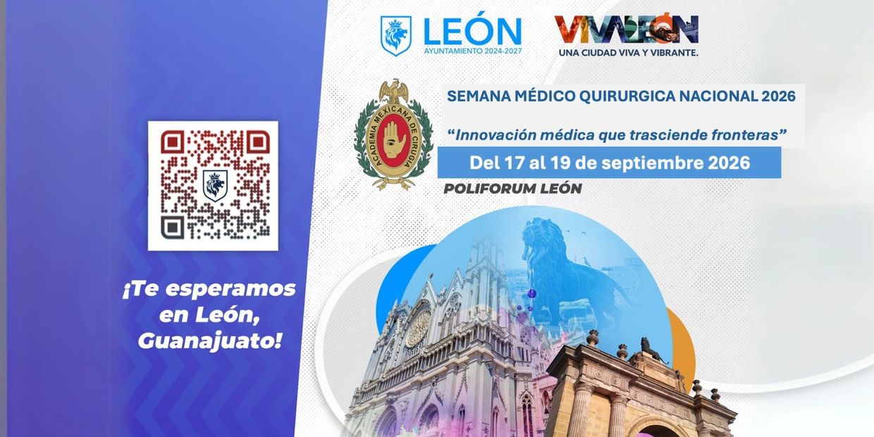 Promotional poster for the National Surgical Medical Week 2026 in León, Guanajuato.