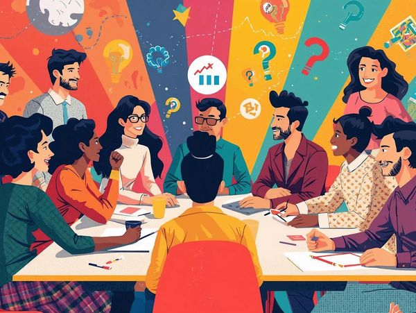 Diverse team collaborates around a table sharing ideas in a colorful, creative workspace.