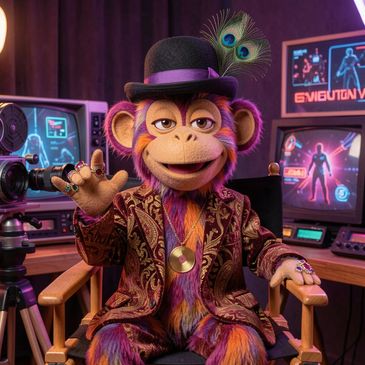 Bad Monkey Business puppet in a director's chair beside a film camera and glowing monitors