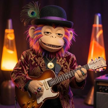 Bad Monkey Business puppet playing a sunburst electric guitar between lava lamps