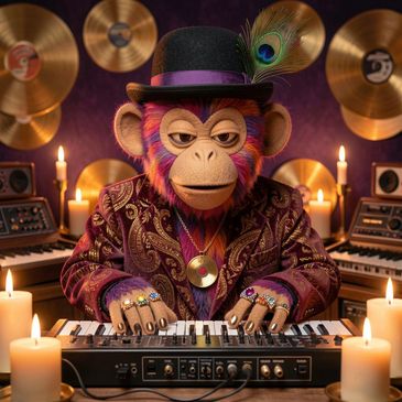 Bad Monkey Business puppet playing synths among candles and gold records