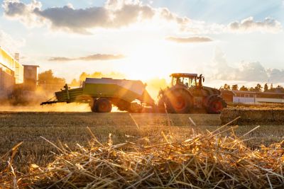Tractor working in a field at sunset.