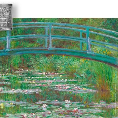 An impressionist painting of a green wooden bridge over a pond with water lilies.