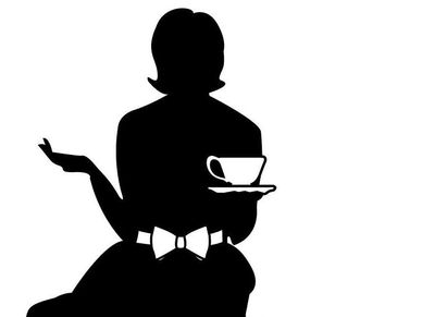 Silhouette of a woman holding a teacup and saucer, with a bow on her waist.