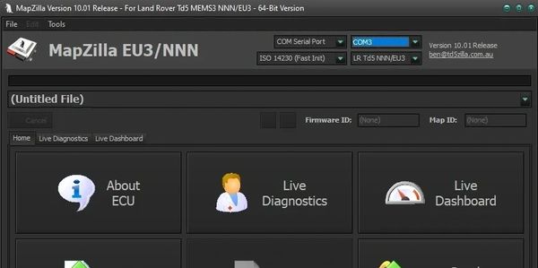 MapZilla software interface for Land Rover Td5 MEMS3 diagnostics.