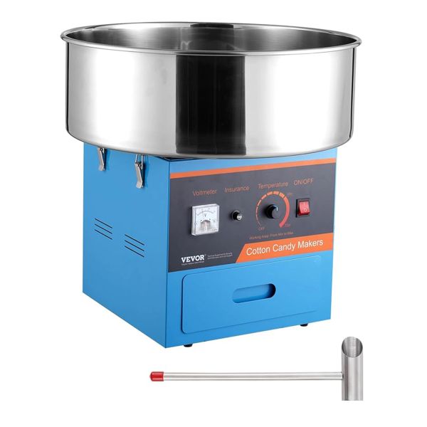 Blue cotton candy maker machine with stainless steel bowl and temperature control.