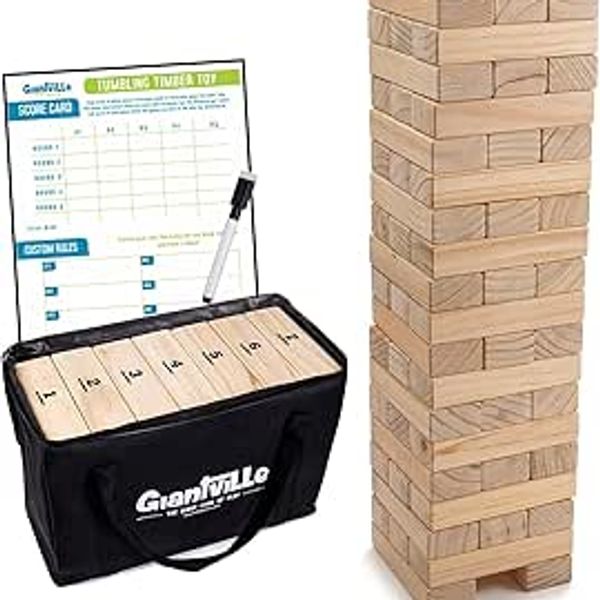 Giant Jenga game set with wooden blocks, scorecard, and carrying case.