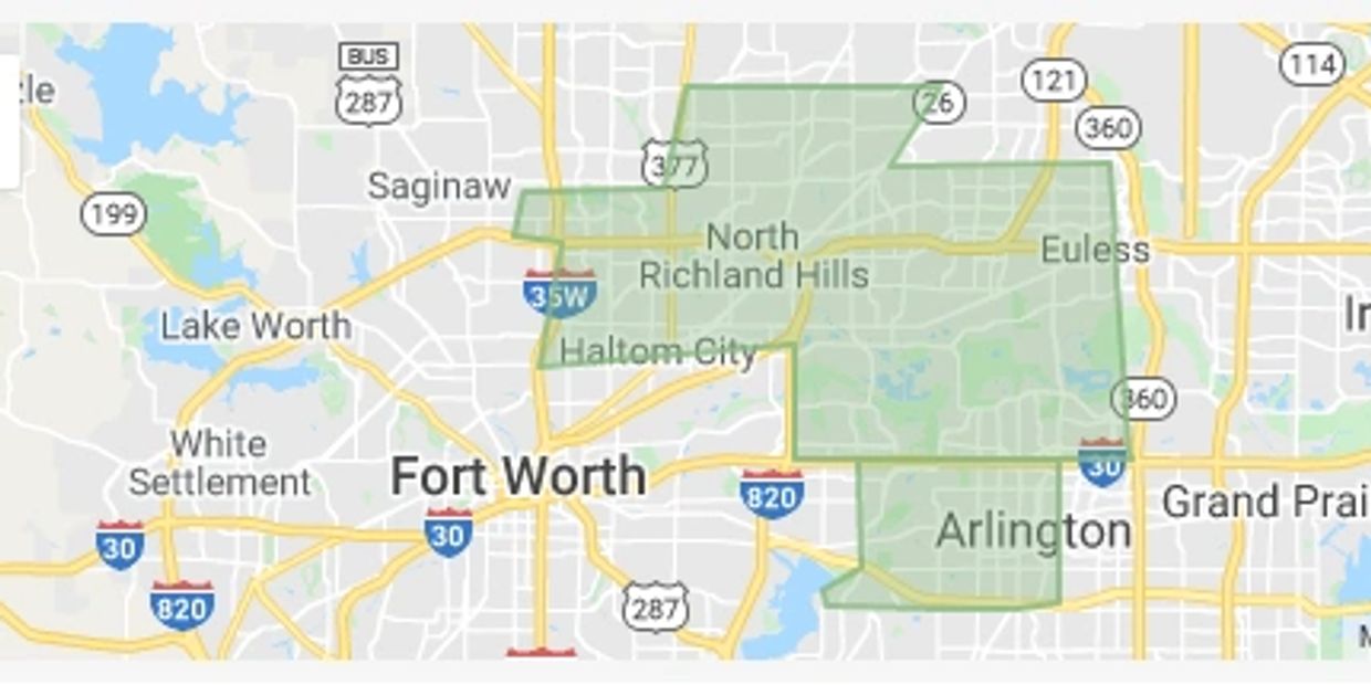 BDH Lawn Care service area map for Northeast Fort Worth and Mid-Cities.