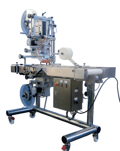 Industrial labeling machine on wheels.