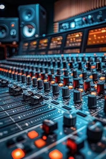 Close-up of a professional audio mixing console with knobs and sliders.
