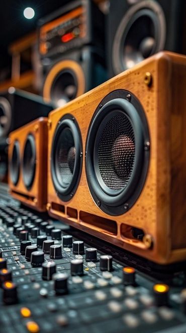 Close-up of wooden studio monitor speakers on an audio mixing console.