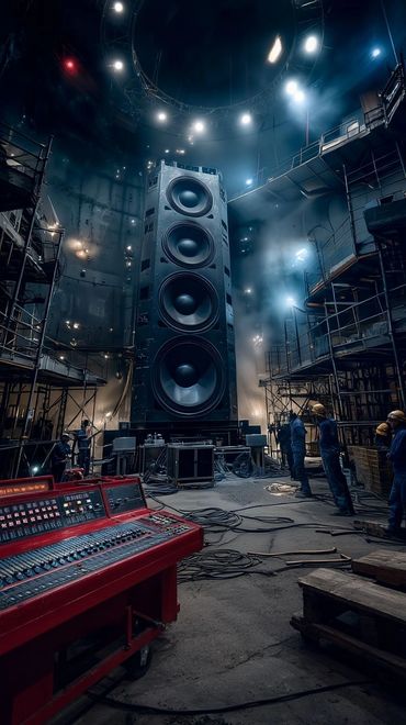 Massive speaker system setup in an industrial space with workers and sound control board.