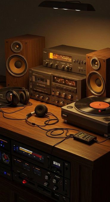 Vintage audio setup with turntable, cassette deck, speakers, and headphones.