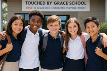 Five diverse students smiling outside Touched by Grace School.