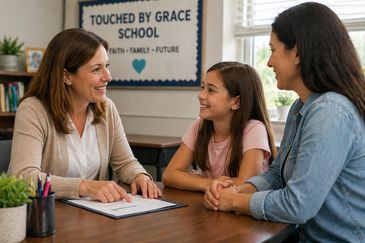 Teacher talking with a mother and daughter at school.