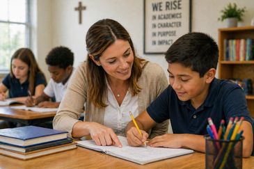 Teacher helping student with writing in classroom.