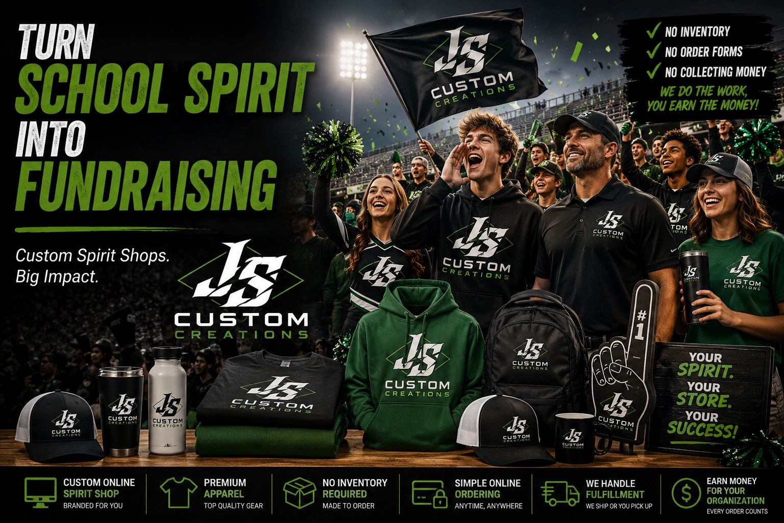 Cheerful group promoting custom spirit shop fundraising with branded apparel and gear.