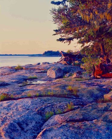 Subtle dawn light enhances island rocks with Thief Island in the background