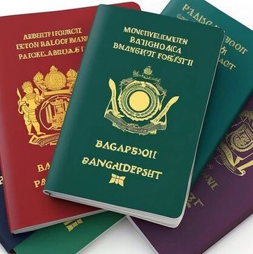 A set of colorful passports with intricate gold designs and text.