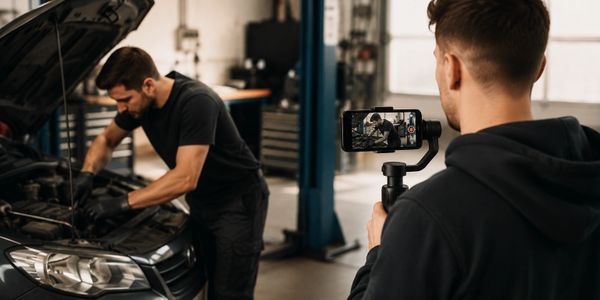 A man filming a mechanic working on a car engine in a garage.