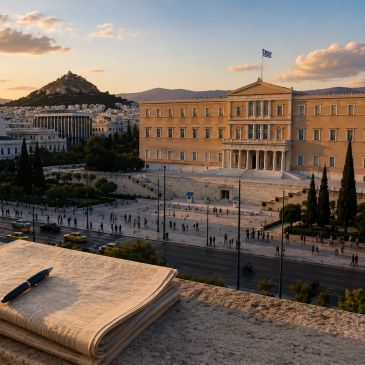 View of Greek Parliament and Lycabettus Hill with a notepad in foreground.