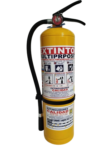Extintor multipropósito amarillo con instrucciones en español.