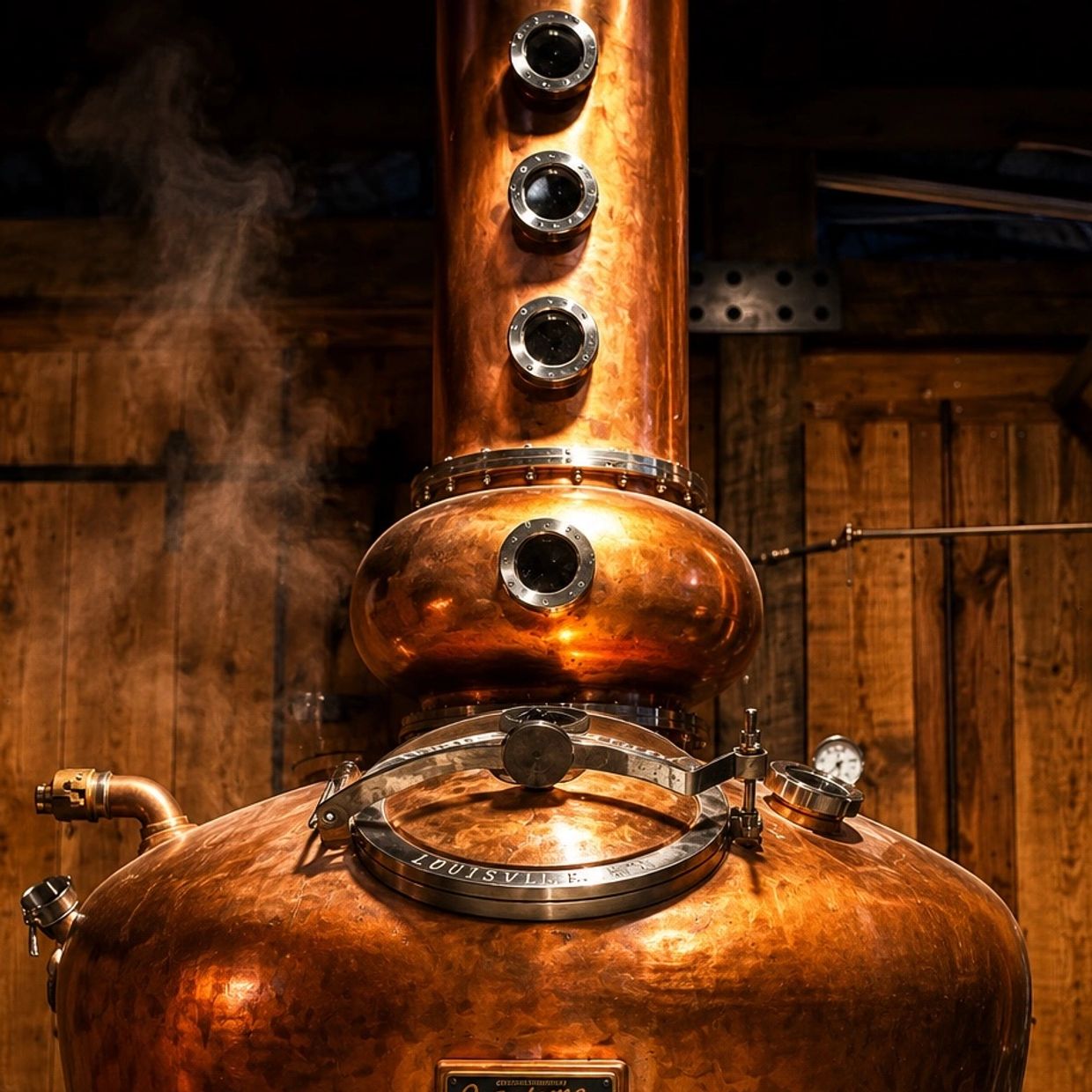 Copper distillation apparatus with steam in a rustic setting.