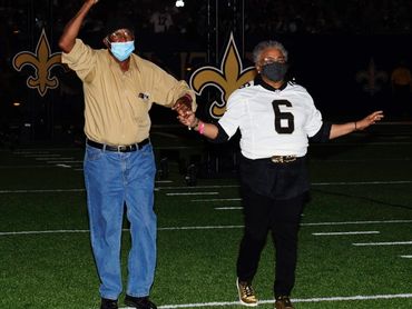 Sylvia and her husband at the New Orleans and the New York Giants at Caesars Superdome on 10/3/21.