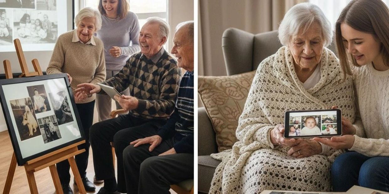Elderly people and younger woman sharing and enjoying digital photo memories together.