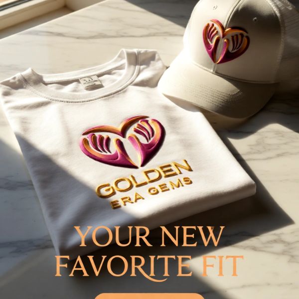 White apparel set featuring a colorful heart logo and the text 'GOLDEN ERA GEMS'.