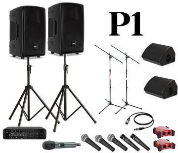 Complete PA sound system with speakers, microphones, and accessories.