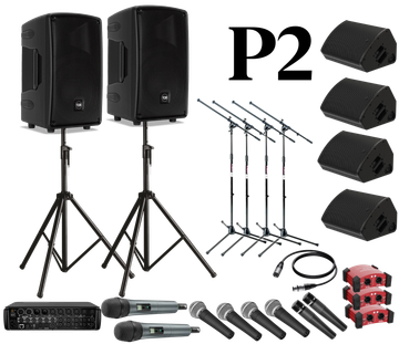 Complete PA system with speakers, microphones, stands, and audio equipment.