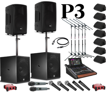 Complete professional audio PA system with speakers, microphones, mixer, and stands.