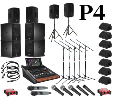 Professional audio equipment setup including speakers, mixers, microphones, and cables.