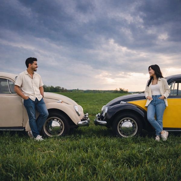 Man and woman leaning on vintage cars in a green field.