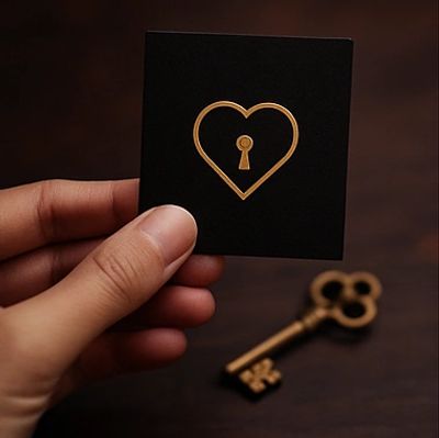Hand holding a card with a gold heart and keyhole design, a vintage key in the background.