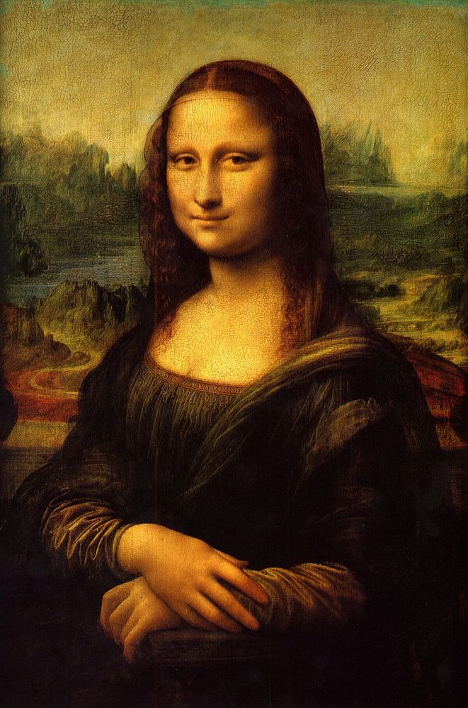 The Mona Lisa, a renowned Renaissance portrait by Leonardo da Vinci.