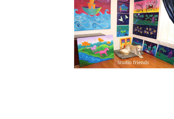 Dog and cat in studio full of colorful paintings.