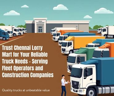 Colorful trucks lined up outside a dealership promoting Chennai Lorry Mart's reliable truck services.
