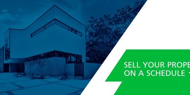 Modern house with a green banner saying 'Sell your property on a schedule'.