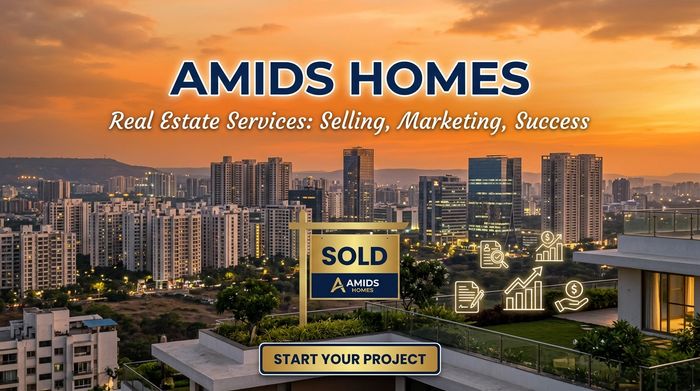 Sunset cityscape with real estate ad for Amids Homes and a sold sign.