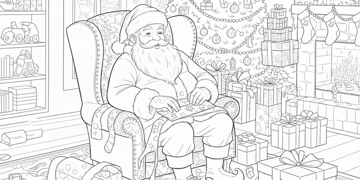 Santa Claus sits in a chair surrounded by Christmas gifts and Christmas decorations. Santa gifts being put into Christmas stocking