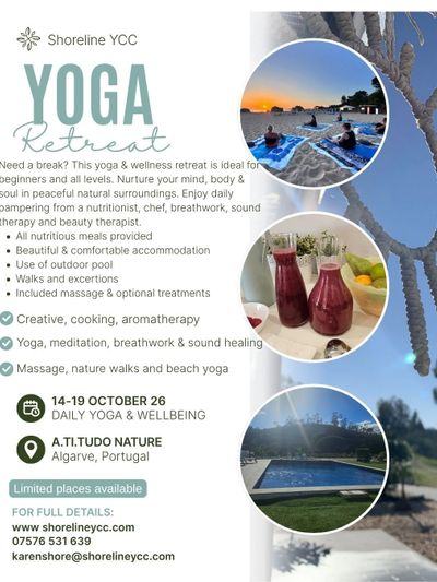 Yoga retreat in Algarve with wellness activities and outdoor pool.